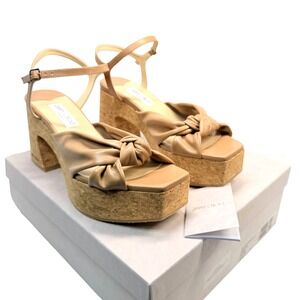 Jimmy Choo Heloise 95 Platform Sandals Size 41 Biscuit Leather Cork Heel NIB